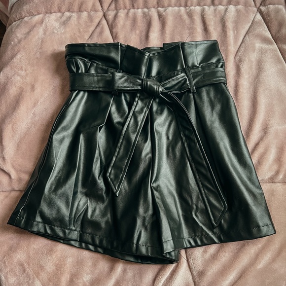 THESETHREE Faux Leather Paper Bag Black Tie Shorts - Picture 1 of 6